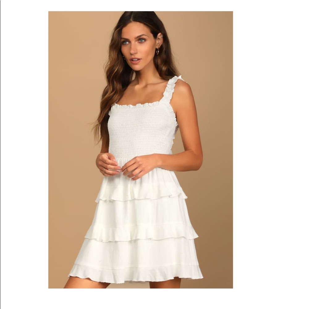 Lulus Super Sweet White Smocked Ruffled Tie Back Dress Size Medium